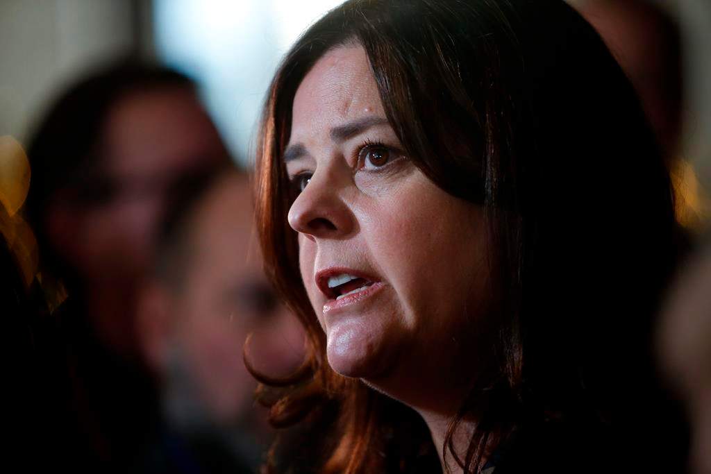 Manitoba Premier Heather Stefanson speaks to media after delivering her annual state of the province speech to the Winnipeg Chamber of Commerce at the convention centre in Winnipeg, Thursday, Dec. 8, 2022.