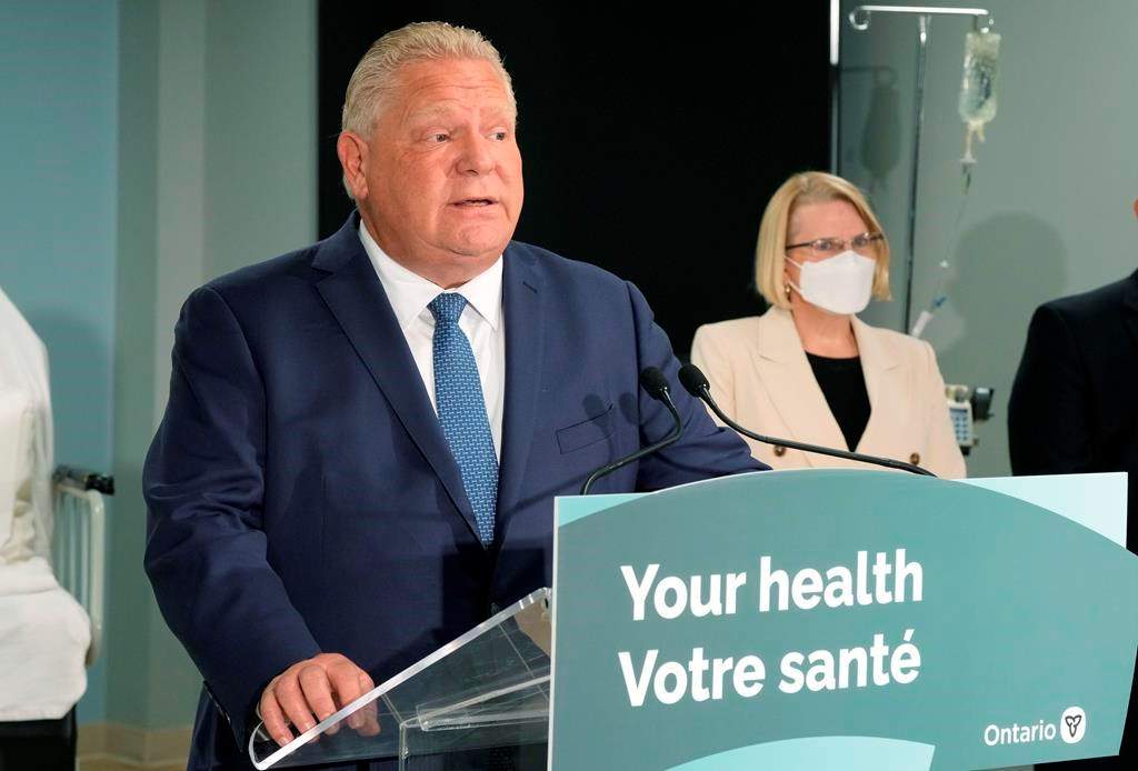 Ontario Premier Doug Ford makes an announcement on health care in the province with Health Minister Sylvia Jones in Toronto, Monday, Jan. 16, 2023. Health-care workers from across Canada could soon start practising in Ontario more quickly under legislation the government plans to introduce next month. THE CANADIAN PRESS/Frank Gunn.