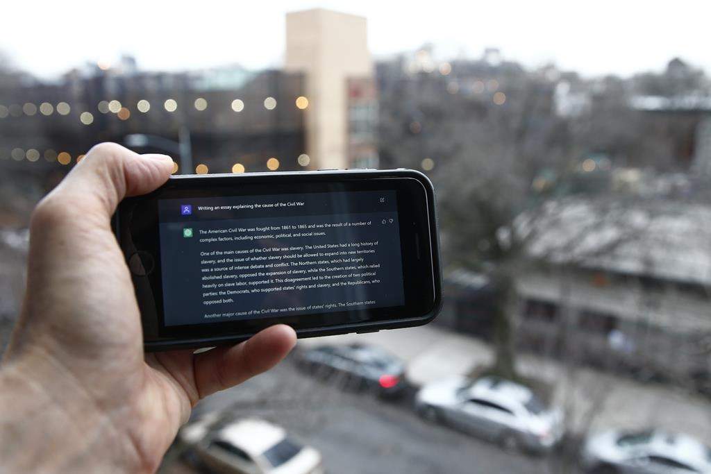 A ChatGPT prompt is shown on a device near a public school in Brooklyn, New York, on Jan. 5.