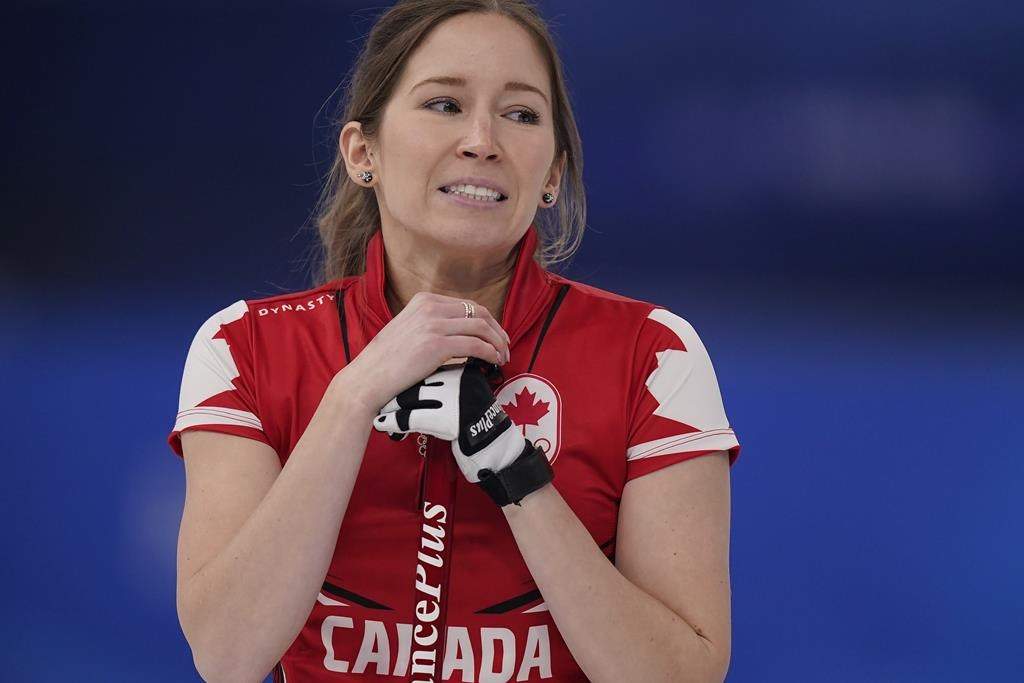 Canada’s Kaitlyn Lawes reacts after throwing a rock during a women’s curling match against the United States at the Beijing Winter Olympics Wednesday, Feb. 16, 2022, in Beijing.
