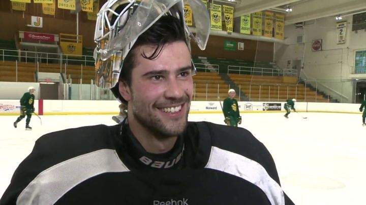 University of Alberta goaltender Matt Berlin speaks to Global News on Jan. 30, 2023 about making an appearance for the Edmonton Oilers.