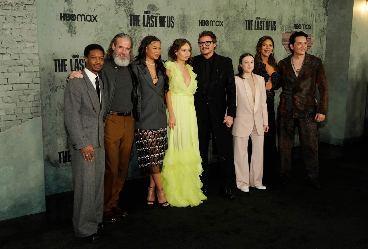 From left, Lamar Johnson, Jeffrey Pierce, Storm Reid, Nico Parker, Pedro Pascal, Bella Ramsey, Merle Dandridge and Gabriel Luna, cast members in “The Last of Us,” pose together at the premiere of the HBO series, Monday, Jan. 9, 2023, at the Regency Village Theatre in Los Angeles.