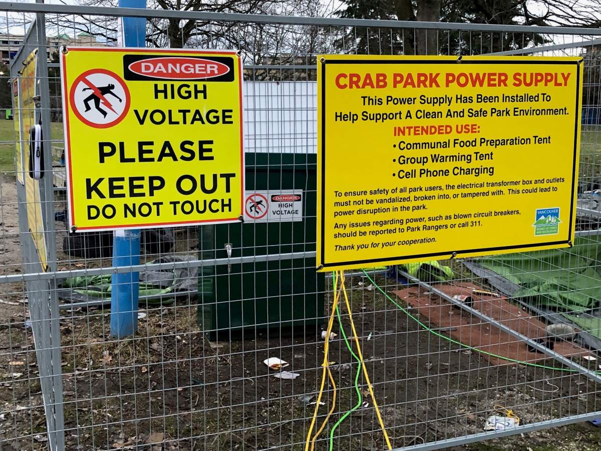The Vancouver Park Board has installed a new transformer to power the CRAB Park encampment.