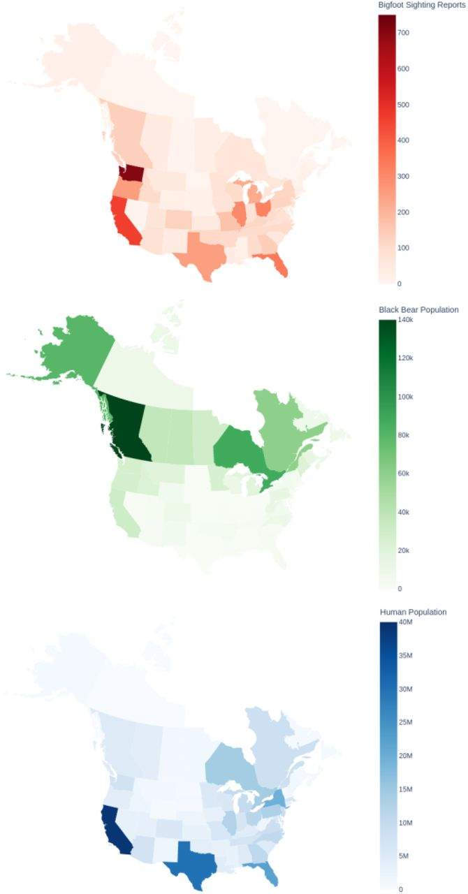 Choropleth maps for sasquatch reports, black bear (Ursus americanus) populations, and human populations in the United States and Canada.