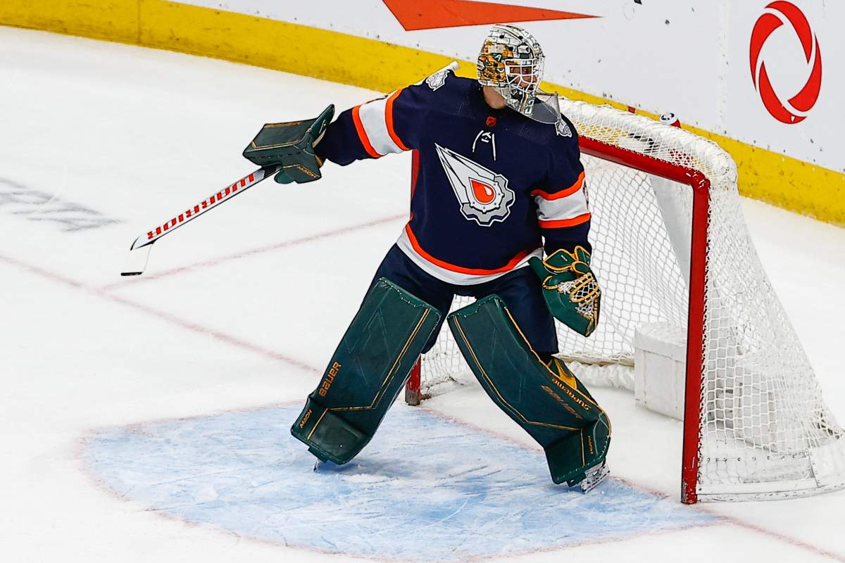 Emergency Edmonton Oilers goalie Matt Berlin is thrown into the game with under four minutes left in the third period of the game versus the Chicago Blackhawks on January 28, 2023 at Rogers Place in Edmonton, Alta.
