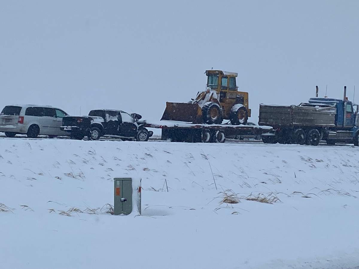The aftermath of a collision on Stoney Trail at McKnight Boulevard in Calgary is pictured on Jan. 27, 2023.