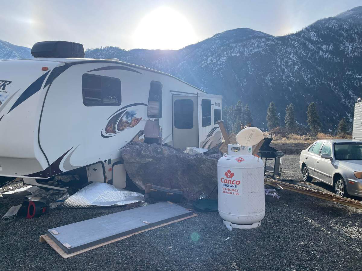 A large boulder crashed into a trailer at Eagle RV Park. The trailer was one of two structures damaged in the rockslide.