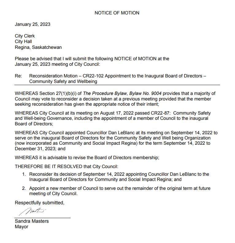 Reconsider motion prepared by Mayor Masters.
