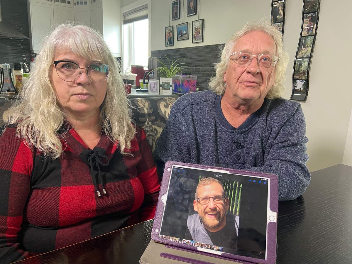 Glen and Michelle Grier from Stony Plain, Alta., say they weren't notified when their son, Scott, died in Victoria in May 2022.