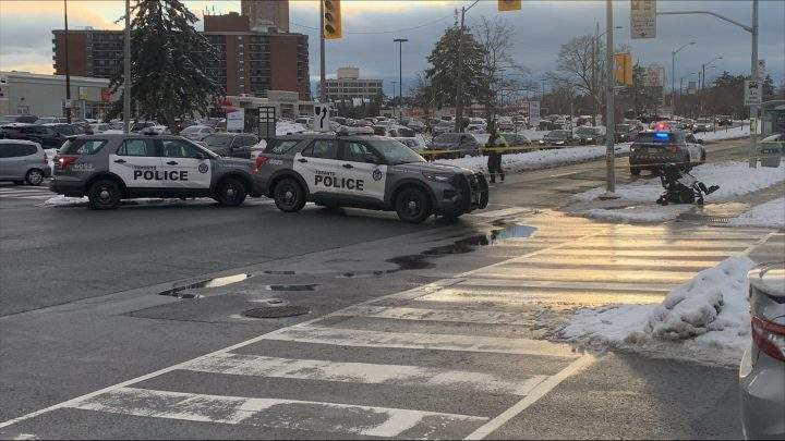 The scene of a hit-and-run reported in Toronto's Overlea Boulevard and Thorncliffe Park Drive area.