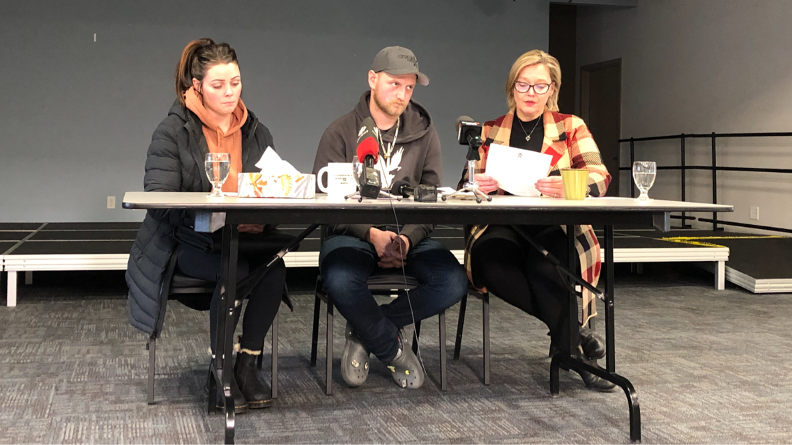 Gunter Holthoff (centre) speaks to the media on Jan. 9, 2023 in Amherst, N.S.