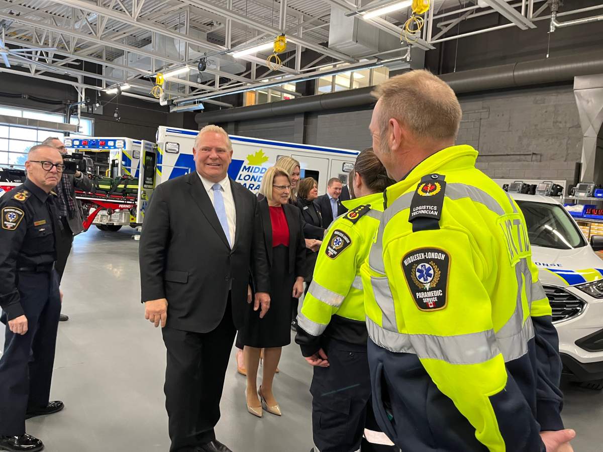 Ontario Premier Doug Ford was joined by Health Minister Sylvia Jones and Minister of Colleges and Universities Jill Dunlop for a news conference at the London-Middlesex Paramedic Services' Headquarters to announce the expansion of the Learn and Stay grant.