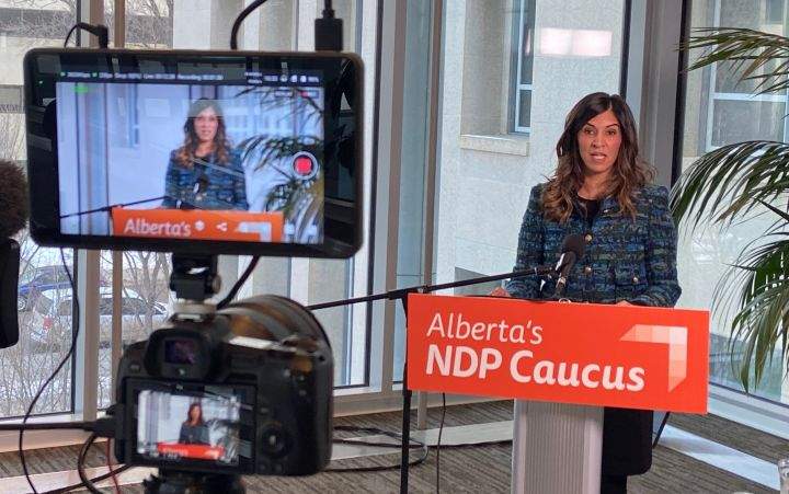 NDP MLA MLA Rakhi Pancholi speaks at a news conference in Edmonton on Jan. 20, 2023.