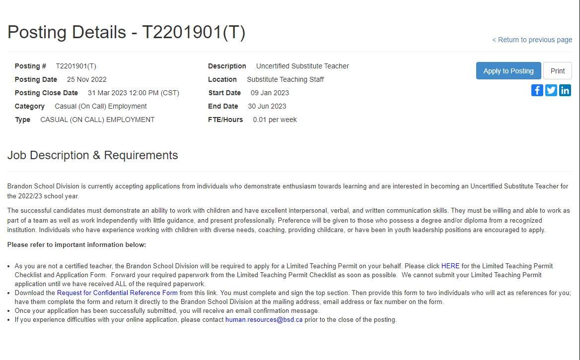 Photo of the job posting by the Brandon School Divison