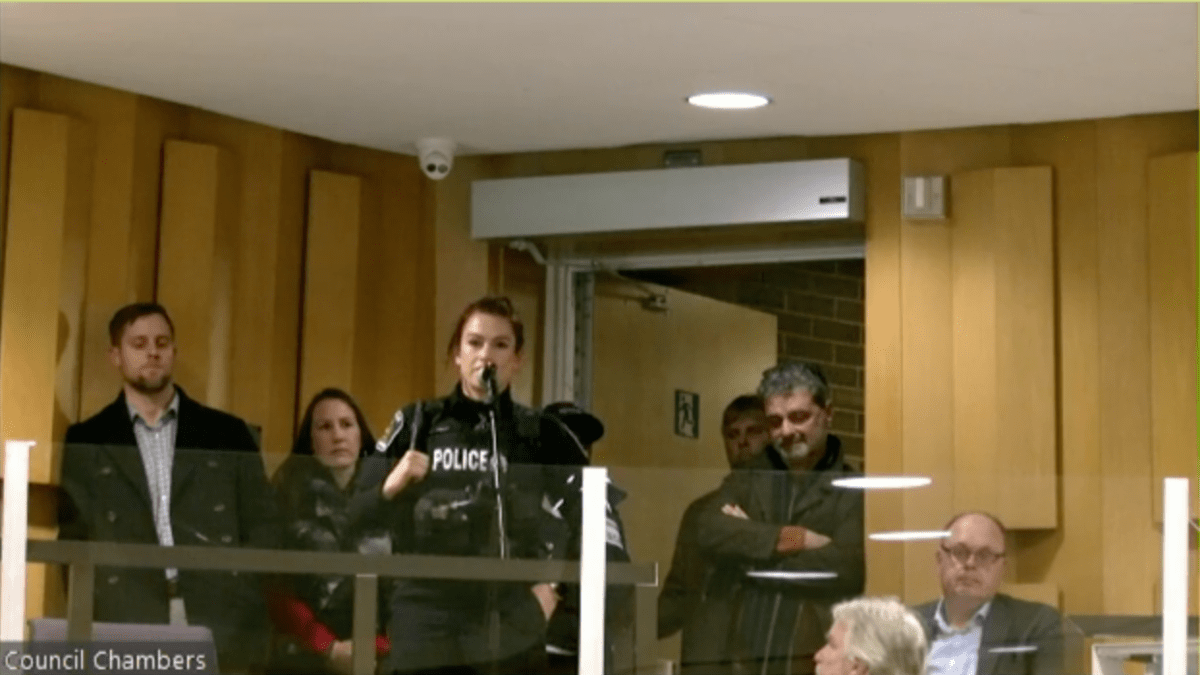 London Police Service officer Holly Kelly addresses city council's Planning and Environment Committee during a public participation meeting on Monday.