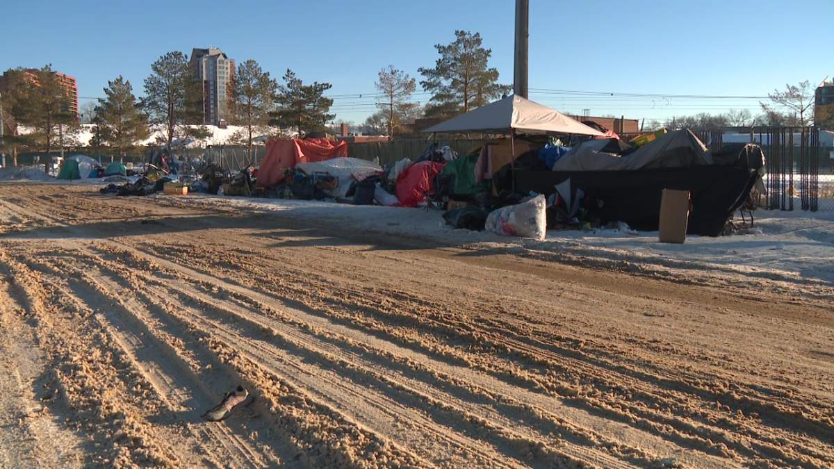 An inner city homeless camp by the walking path and LRT tracks near 95 Street and 106 Avenue in the McCauley neighbourhood on Jan. 6, 2023.