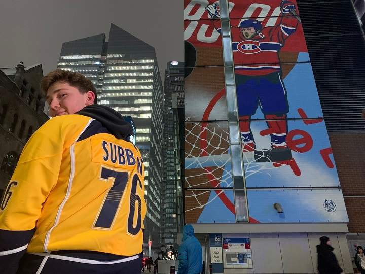 Natey Bicher shows off his Subban jersey in Montreal on Thursday, Jan. 12, 2022.