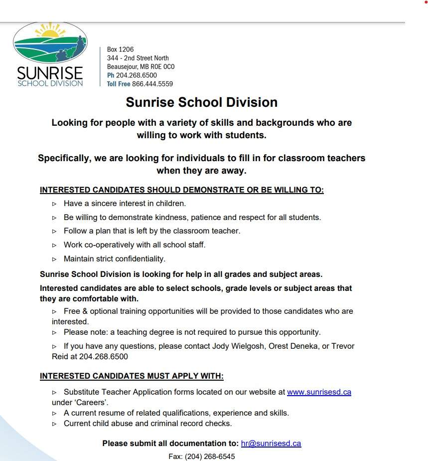 Photo of the Sunrise School Division job posting.