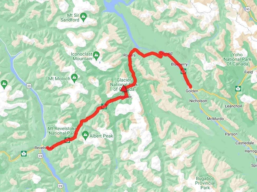 A map showing the highway closure in B.C. between Revelstoke and Golden for avalanche control work on Friday.