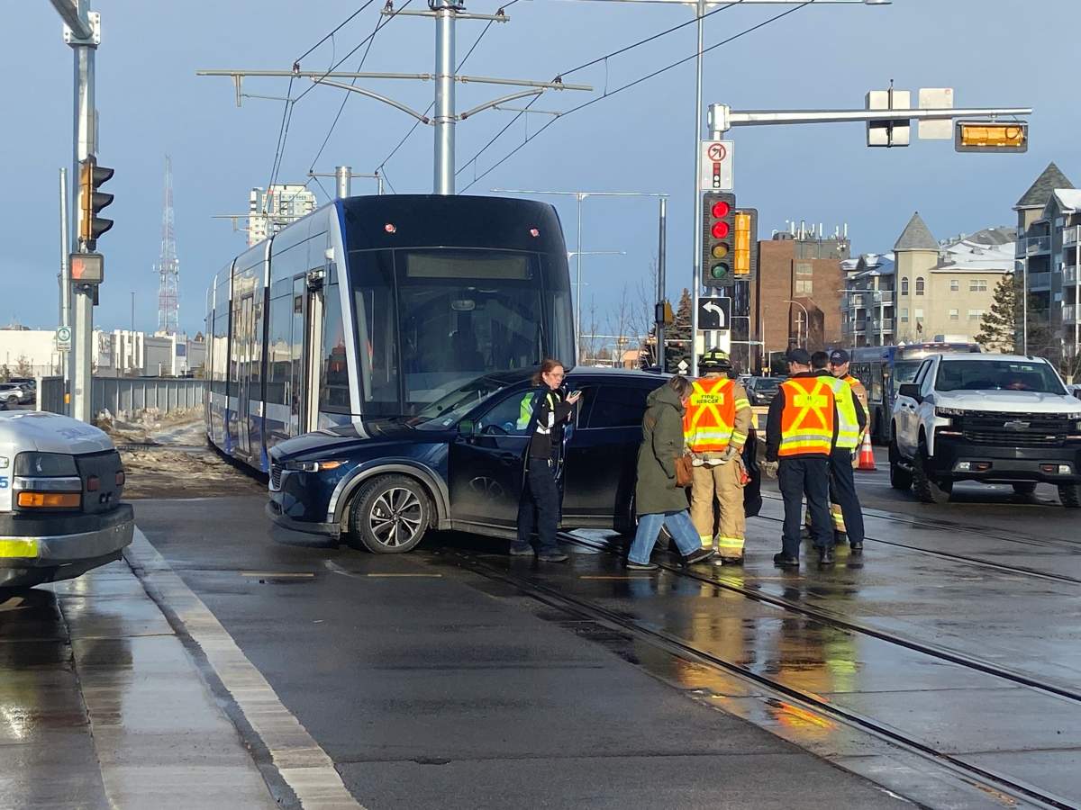 A Valley Line LRT train and a vehicle collided in south Edmonton on Saturday, Jan. 21, 2023.