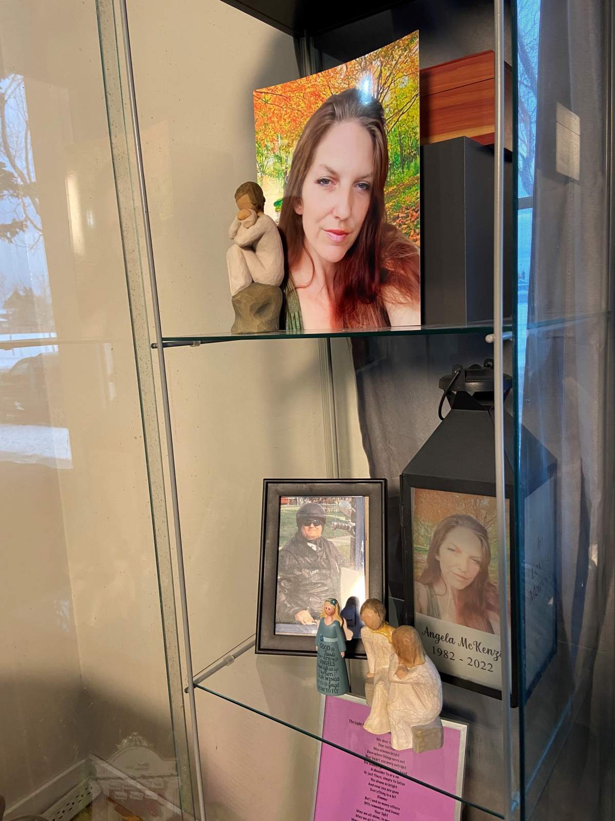 Tribute cabinet for mother Angela McKenzie in the new home of her surviving family.