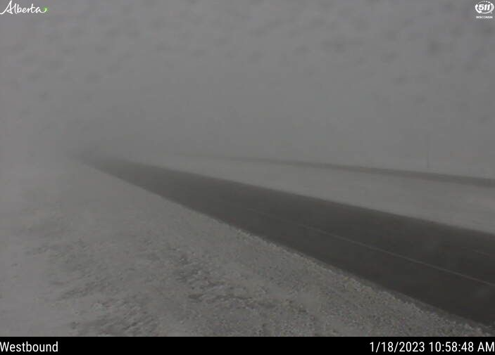 The west facing camera angle of the 511 Alberta camera set up east of Highway 842 near Gleichen, Alta. at 10:58 a.m. on Jan. 18, 2023.