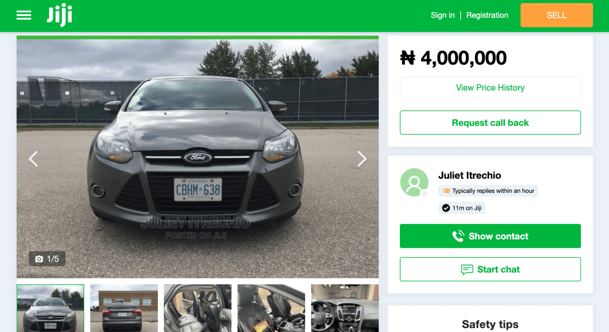 A listing on an online Nigerian marketplace shows a car with an Ontario licence plate.