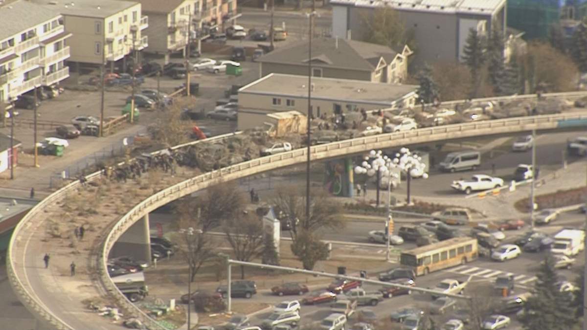 Road closure on Calgary’s 4 Avenue flyover for filming continues for HBO’s “The Last of Us” on Oct. 23, 2021.