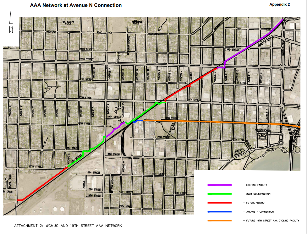 Saskatoon's plan for a multi-use path that runs adjacent to CP Rail lines.
