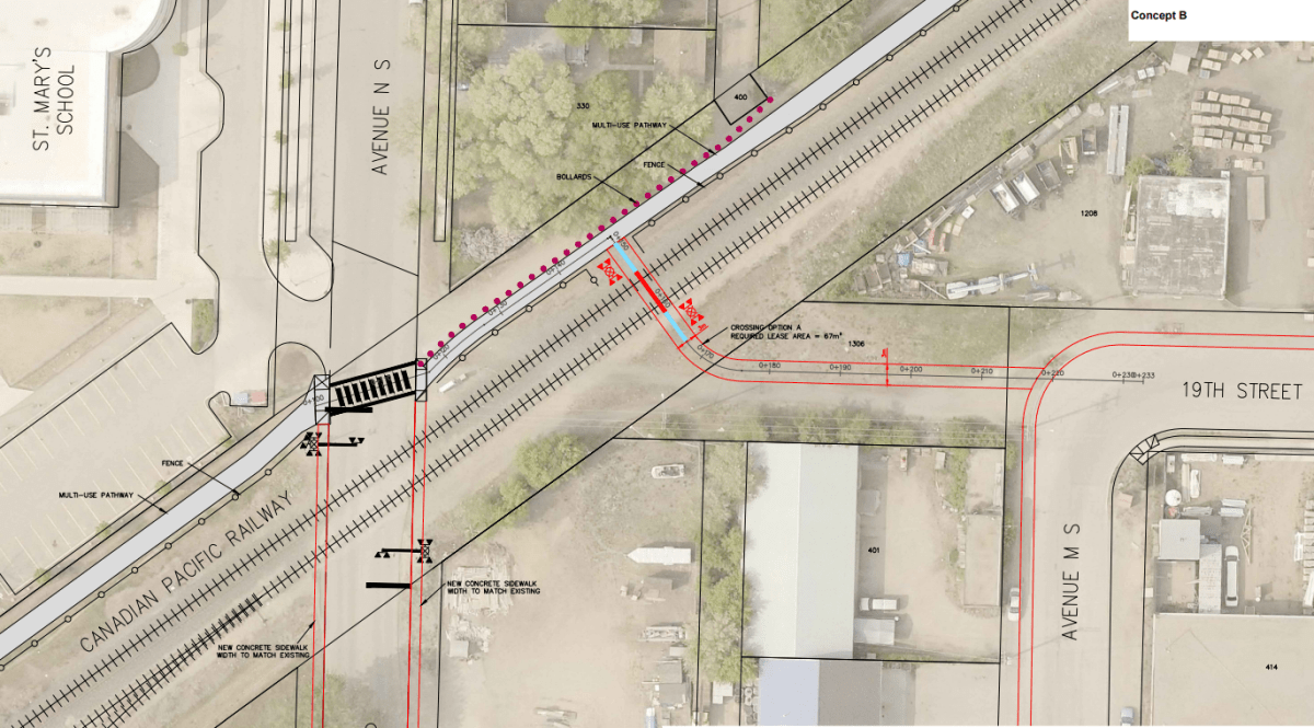 One of the two concept designs for a pedestrian crossing in Saskatoon.
