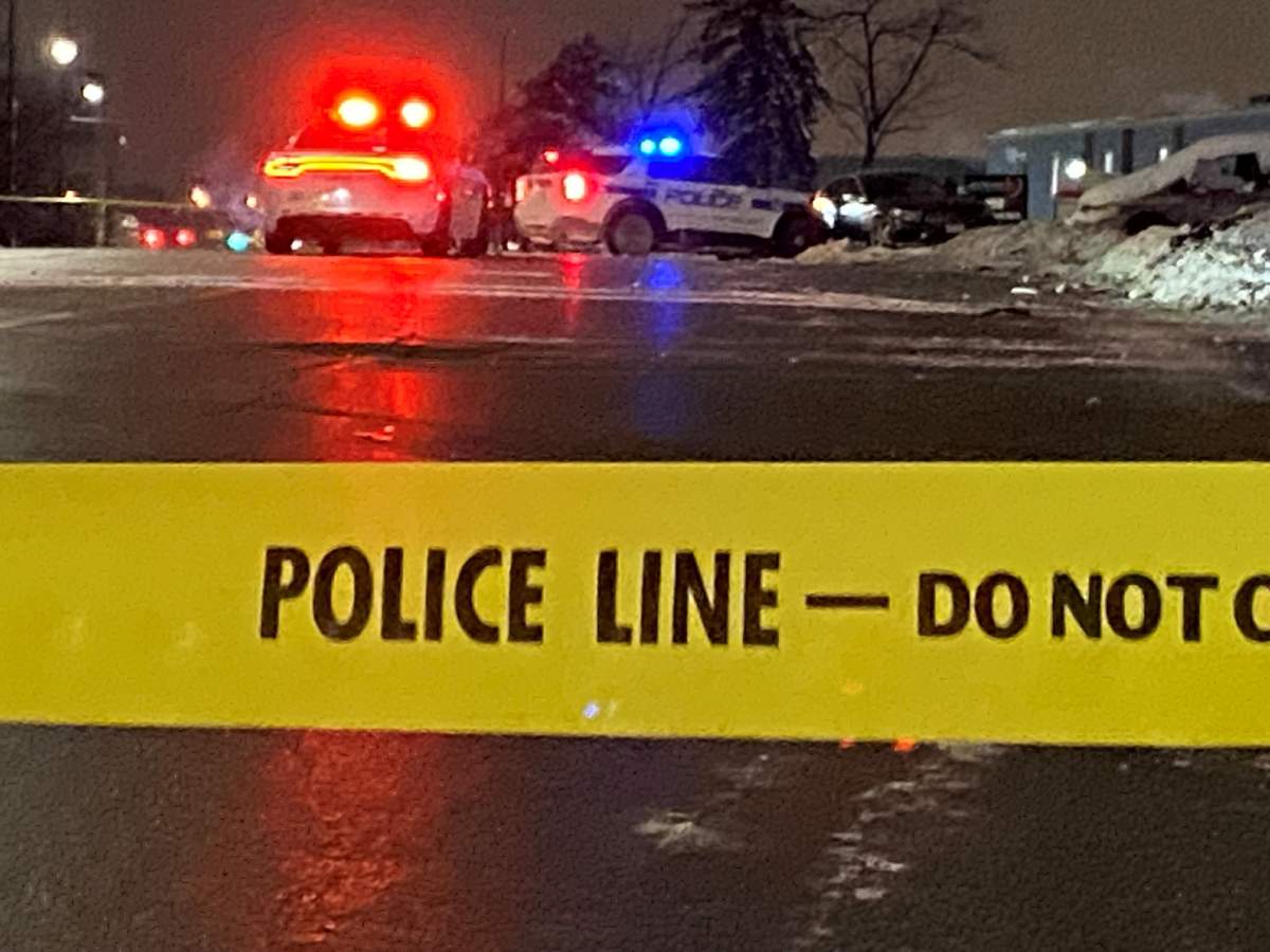 Police tape and Peel Regional Police cruisers on Jan. 30, 2023.