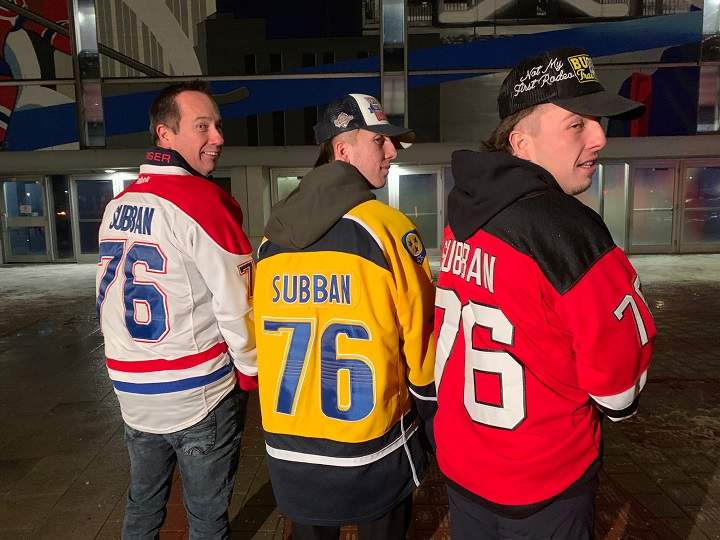 The Roger family from Quebec wearing their Subban jerseys. Thursday, Jan. 12, 2022. Gloria Henriquez/Global News