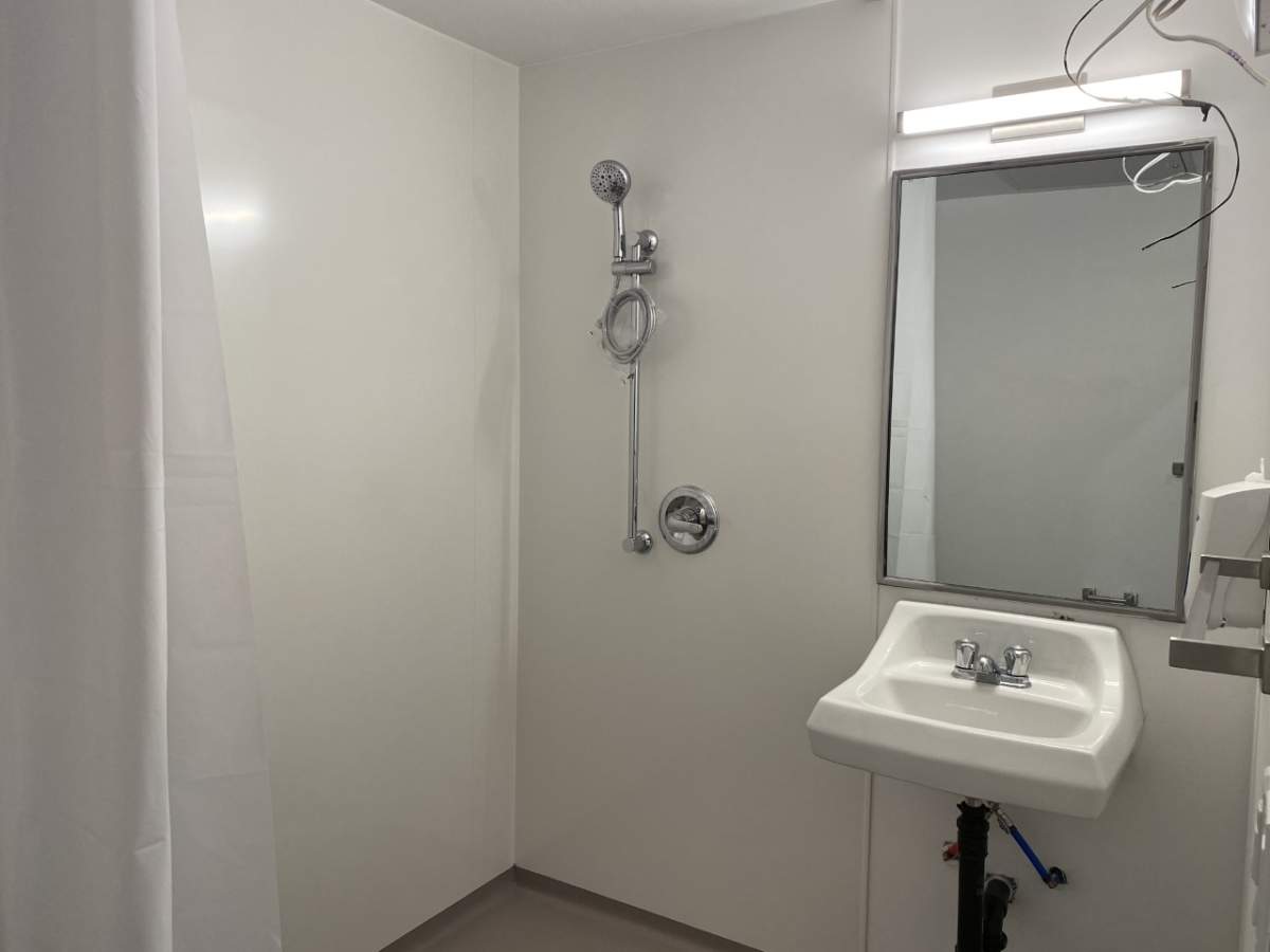 Part of a bathroom area within the Bridge Healing Transitional Accommodation Program offered by the Jasper Place Wellness Centre and AHS.