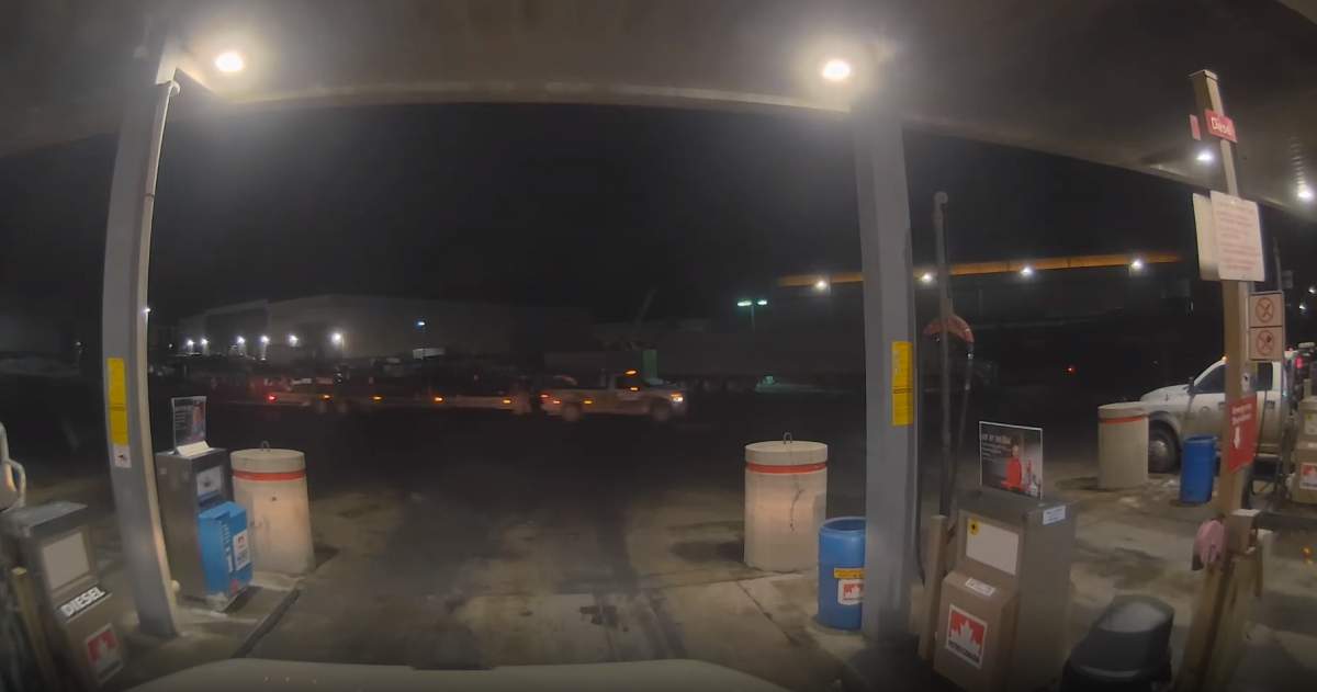 Truck seen in this CCTV video who was driving by the Petro Canada Gas Station located at 5333 61 Ave S.E., shortly after the hit and run on Jan. 19, 2023.