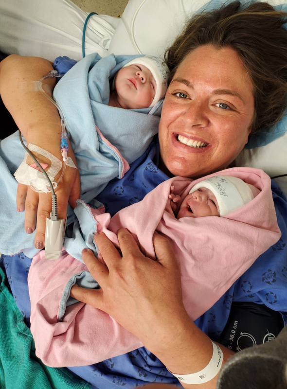 Twins Charles and Charlotte, born to parents Sarah and Adam and big sister Olivia on March 30, 2022.