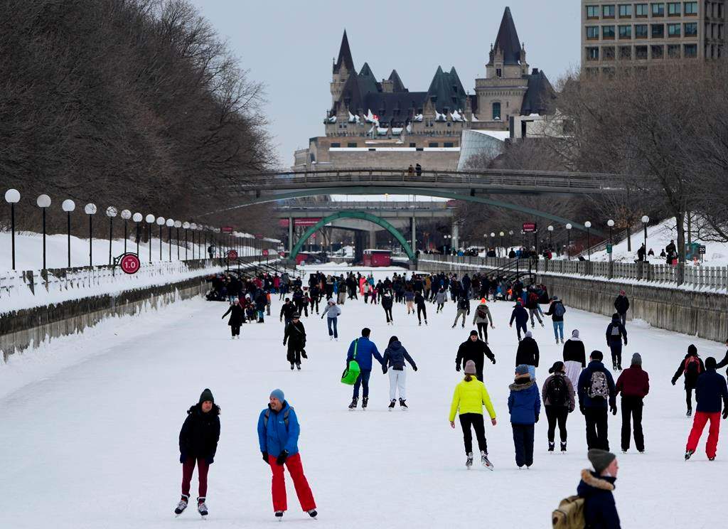 People skate on the Rideau Canal Skateway on Saturday, March 5, 2022. Canada’s largest skating rink has officially broken its record for the latest opening date – but it hasn’t opened yet.
