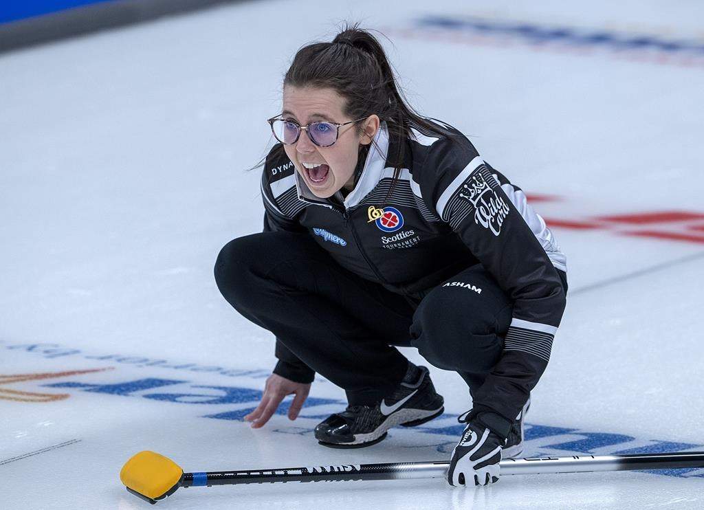 Wild Card 1 skip Selena Njegovan directs a shot as they play Newfoundland and Labrador at the Scotties Tournament of Hearts at Fort William Gardens in Thunder Bay, Ont. on Wednesday, Feb. 2, 2022.