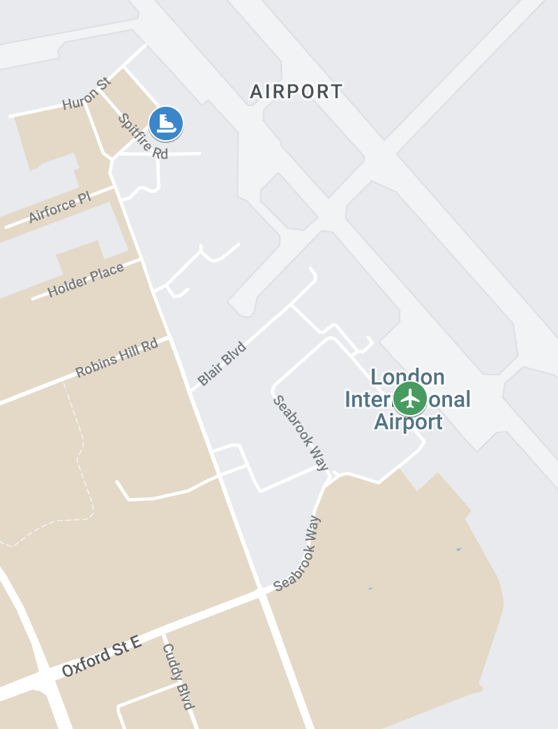 Location of the rink in relation to the main airport terminal. Motorists should drive north on Crumlin Sideroad from Oxford Street until they reach the rink.