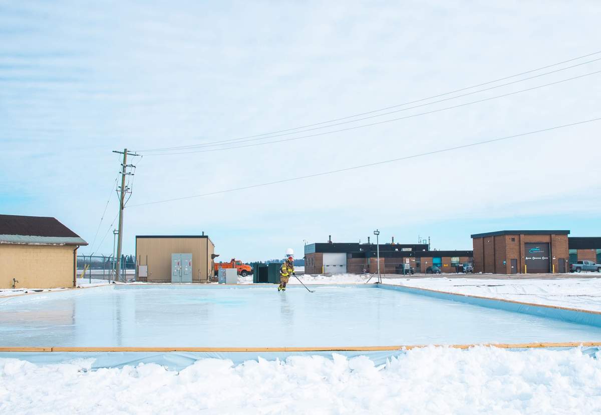 The ice skating rink is located near the corner of Flying Club Road and Flight School Road, near the airport operations centre.