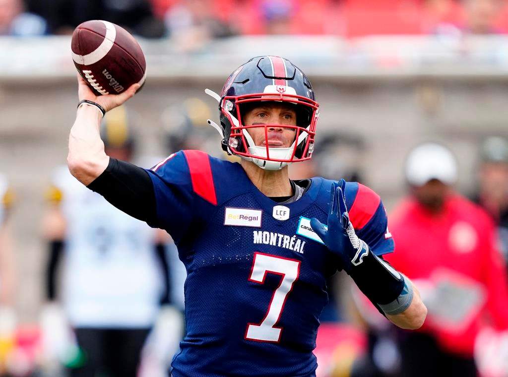 Montreal Alouettes quarterback Trevor Harris (7) throws a pass during first quarter CFL Eastern semi-final football action against the Hamilton Tiger-Cats on Sunday, November 6, 2022 in Montreal. Harris is officially a Saskatchewan Roughrider. The CFL club announced Harris's signing Tuesday. THE CANADIAN PRESS/Paul Chiasson.