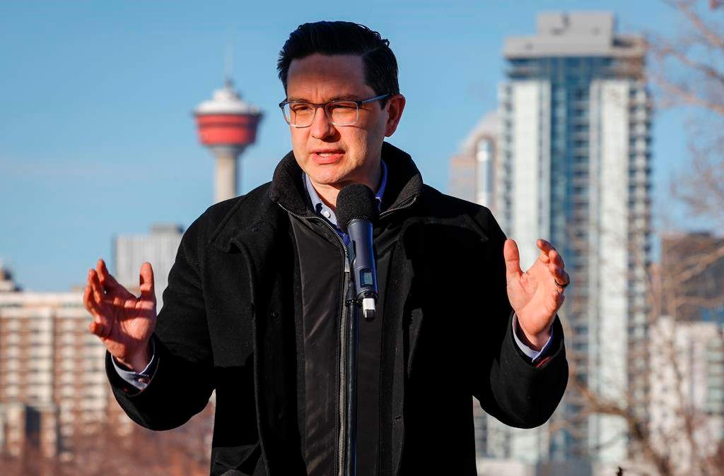 Conservative Leader Pierre Poilievre speaks at a news conference in Calgary, Wednesday, Feb. 15, 2023.