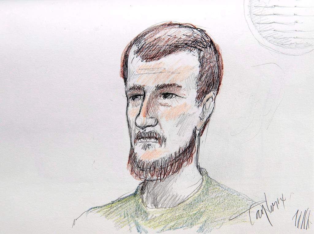 Justin Bourque is depicted in an artist’s sketch at his sentencing hearing in Moncton, N.B., on Tuesday, Oct. 28, 2014. THE CANADIAN PRESS/Carol Taylor