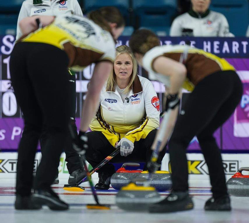 Manitoba skip Jennifer Jones, back, watches the shot while playing Team Wild Card 2 at the Scotties Tournament of Hearts, in Kamloops, B.C., on Wednesday, February 22, 2023.