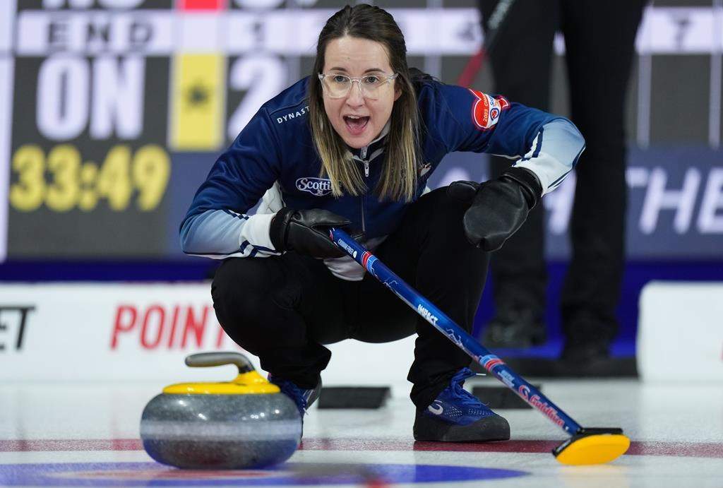 Nova Scotia skip Christina Black calls out to the sweepers while playing Ontario in the playoffs at the Scotties Tournament of Hearts, in Kamloops, B.C., on Friday, February 24, 2023.