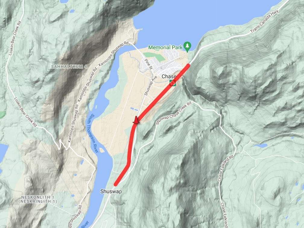 A map showing the Trans-Canada Highway closure in Chase, B.C., on Wednesday, Feb. 8, 2023.