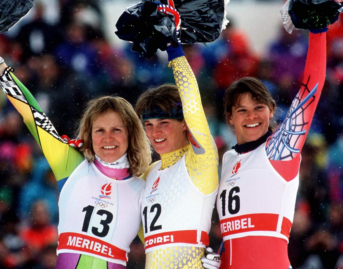 Canada’s Kerrin Lee Gartner (centre) celebrates the gold medal she won in the alpine ski event at the 1992 Albertville Olympic winter Games.