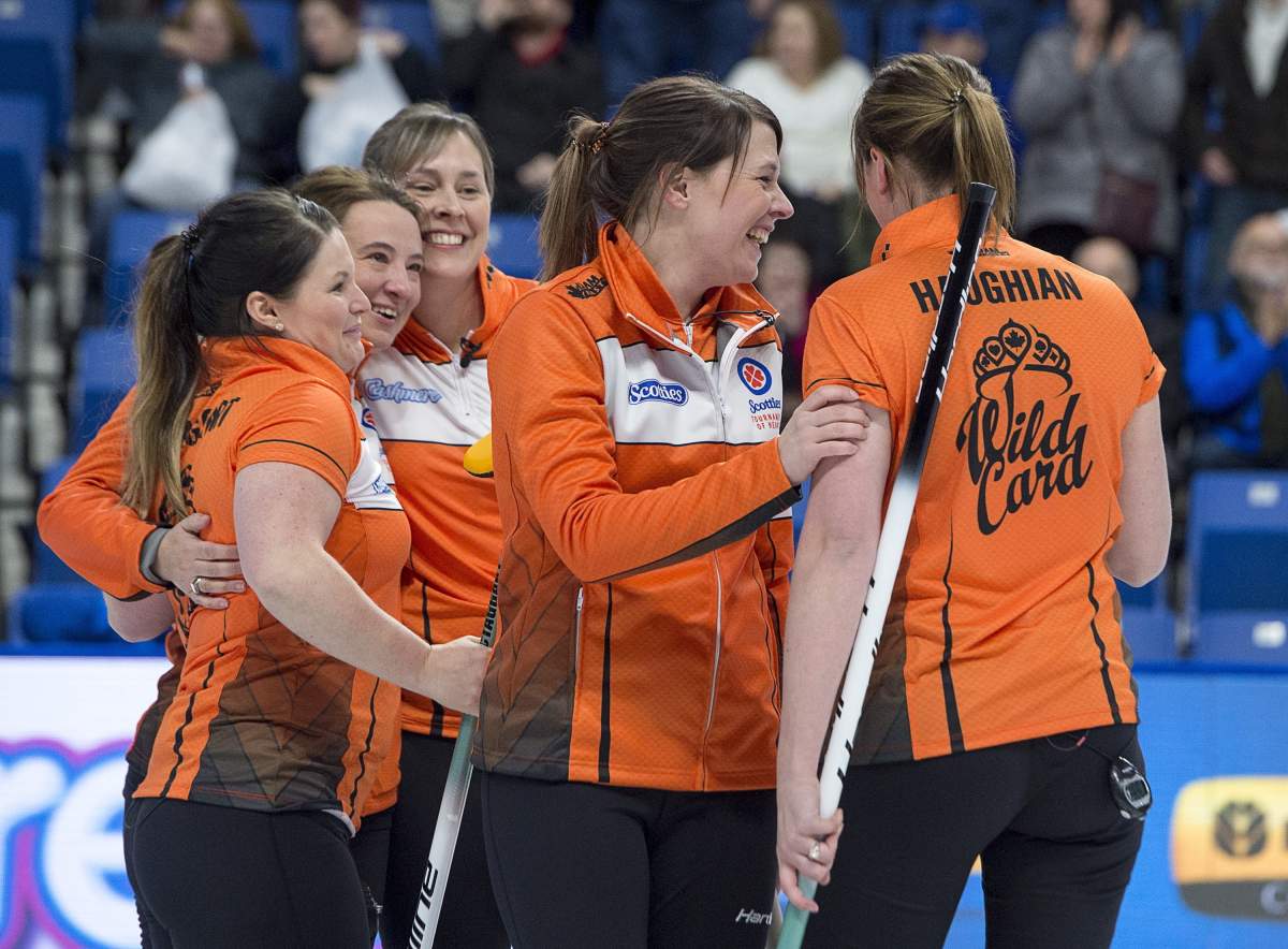 Third Cary-Anne McTaggart, alternate Susan O’Connor, lead Kristie Moore, skip Casey Scheidegger and second Jesse Haughian, left to right, from the Lethbridge Curling Club, celebrate after defeating Kerri Einarson’s rink from Gimli, Manitoba 7-6 in the wild-card game at the Scotties Tournament of Hearts at Centre 200 in Sydney, N.S. on Friday, Feb. 15, 2019.