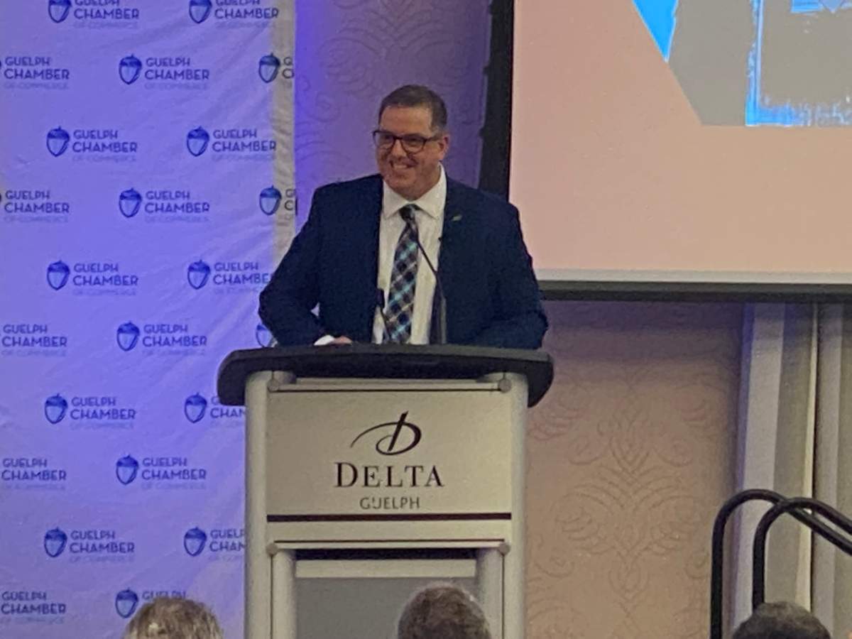 Guelph mayor Cam Guthrie delivering state of the city speech to an audience on Feb. 2.