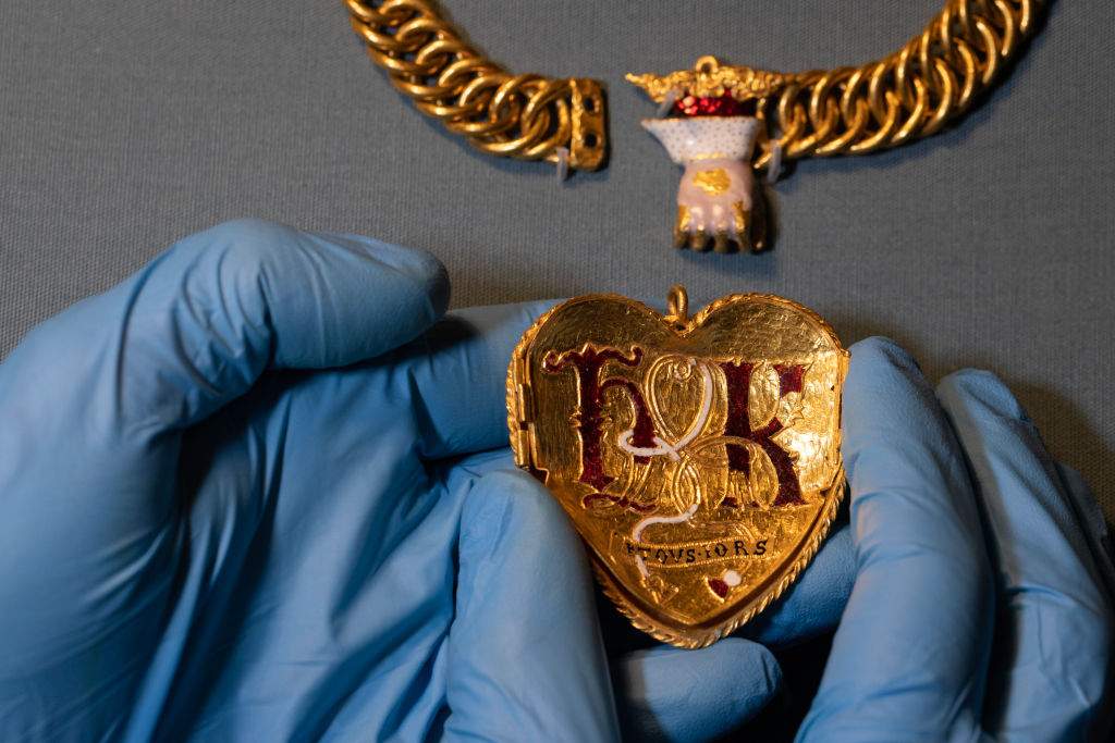 The gold pendant is displayed during a photocall at The British Museum on January 31, 2023 in London, England.