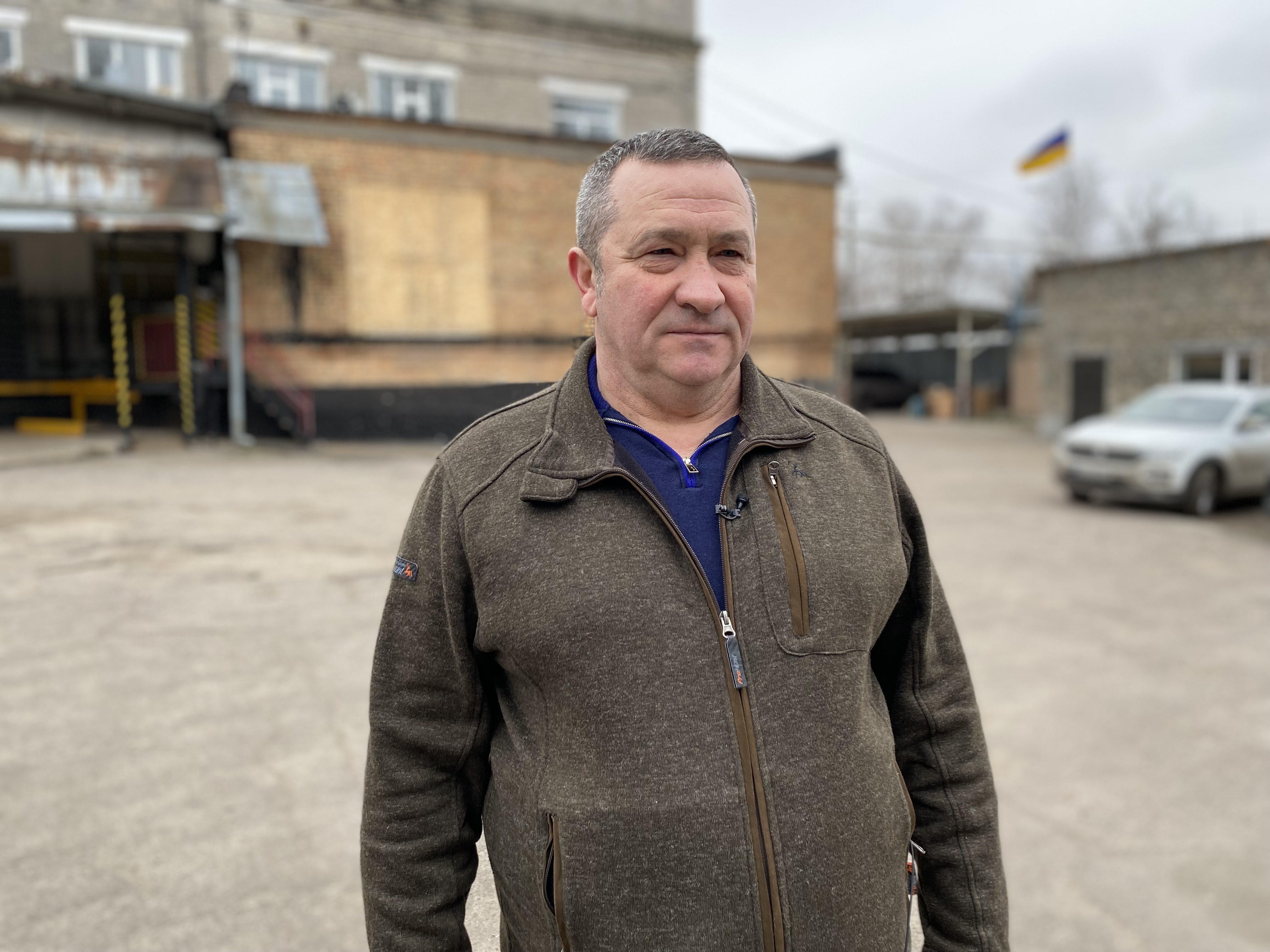 Mayor Hennadiy Borovyk at the Marhanets bread factory after it was shelled by Russian forces.
